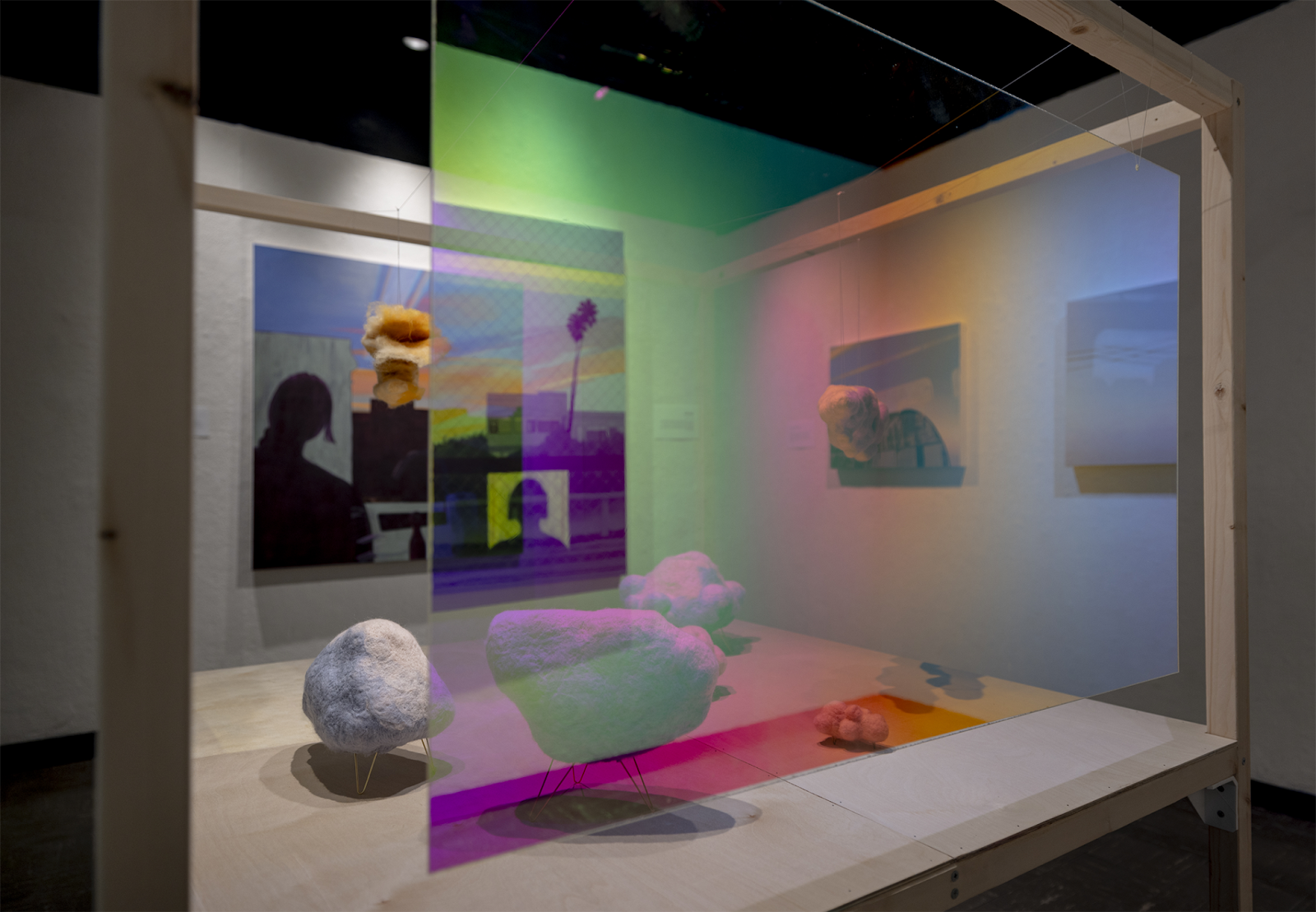 Pictured: Mary Morse, Inside Looking Out(side Looking In), Installation View, Needle Felted Wool, Brass, Dichroic Acrylic, Acrylic Paintings on Canvas