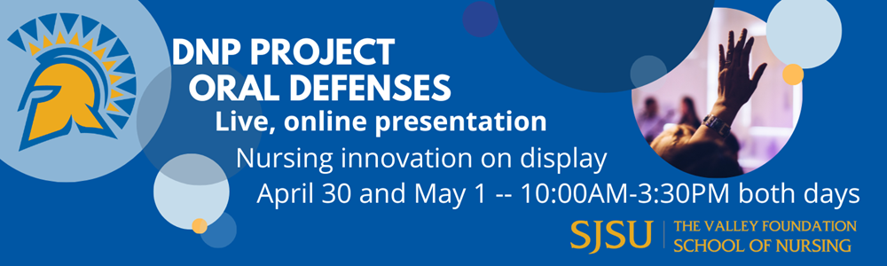 A blue banner with yellow and gold circular accents. White text displays the dates and times of the Oral Defense presentations.