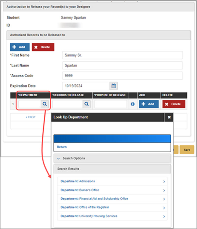 Authorization to Release page showing how to select a department for records release using the department lookup.